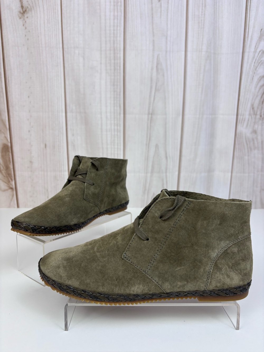 Aetrex Suede Leather Chukka Boho Boots Lace-Up Casual Ankle Shoes Olive Sz 8.5